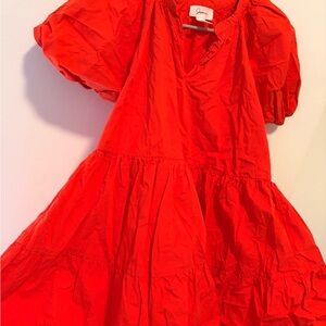 Japna Red Puff-Sleeve Tiered Casual Dress